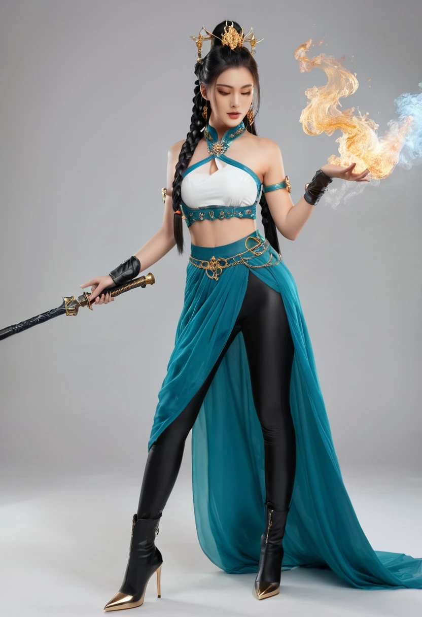 Full body shot of a beautiful Asian woman as she holds a master+ne elect rugai in her right hand, wearing an outfit inspired by water and fire elements, with teal blue leggings, a white top with gold details on the , and black high heel boots. She has long hair tied back into two braids, one arm mounted to the hilt and the other pointing at her chest that shows full energy from a magic effect, with smoke around all equipment. Full body pose against a white background, in the style of magic and fantasy.xianxia
