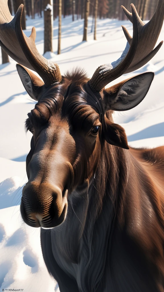 portrait of a surprised moose with great horns,bottom view,Outdoors,ral-swarcrystl,8k,F2.8,RAW Photo,ultra detailed,soft lighting,real life,ultra detailed