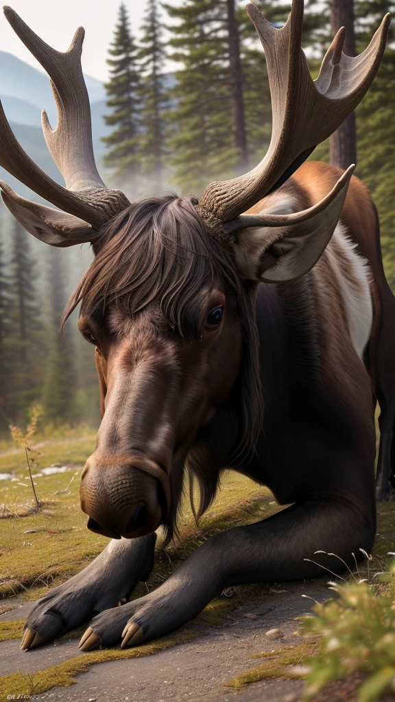 portrait of a surprised moose with great horns,bottom view,Outdoors,ral-swarcrystl,8k,F2.8,RAW Photo,ultra detailed,soft lighting,real life,ultra detailed