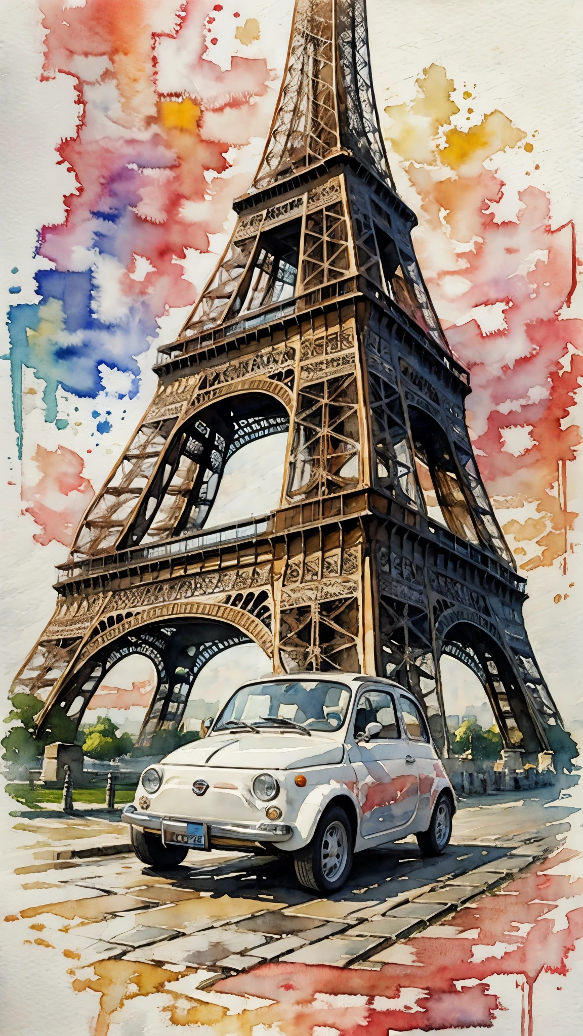 (masterpiece:1.2, Highest quality),(Very detailed),(((watercolor))),8K,wallpaper,Cream-colored Fiat 500,France,Running the Eiffel Tower,(((Ghibli style))),透明watercolor