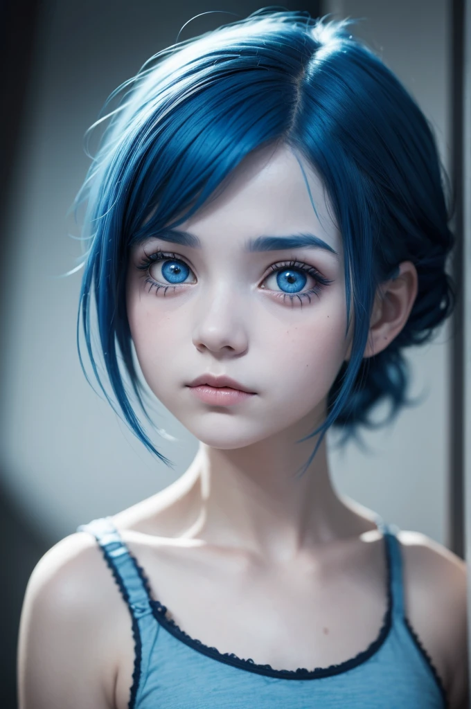 A girl with blue hair, sad eyes similar to coraline's world
