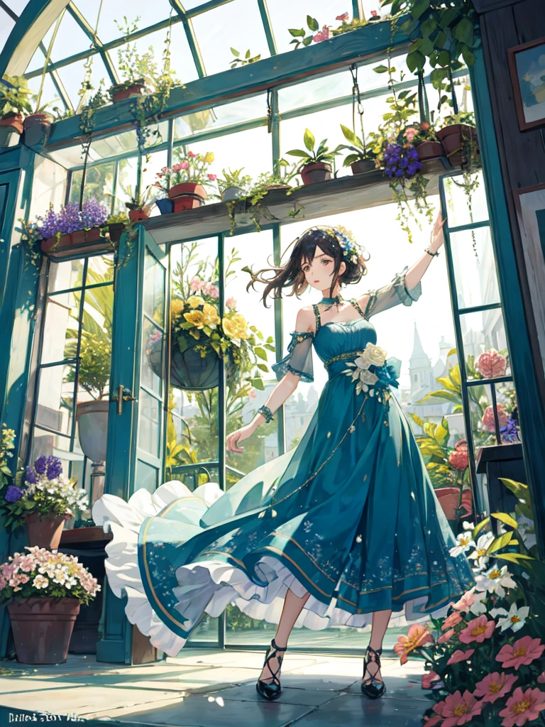 The combination of women and flowers,Colorful,dream,conservatory,glass building,a girl,There are many flowers on the body,dynamic poses,looking into camera,As if he had something to say