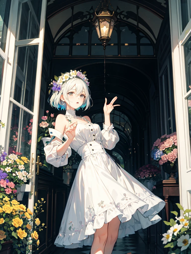 The combination of women and flowers，Colorful，dream，conservatory，glass building，a girl，There are many flowers on the body，dynamic poses，looking into camera，As if he had something to say