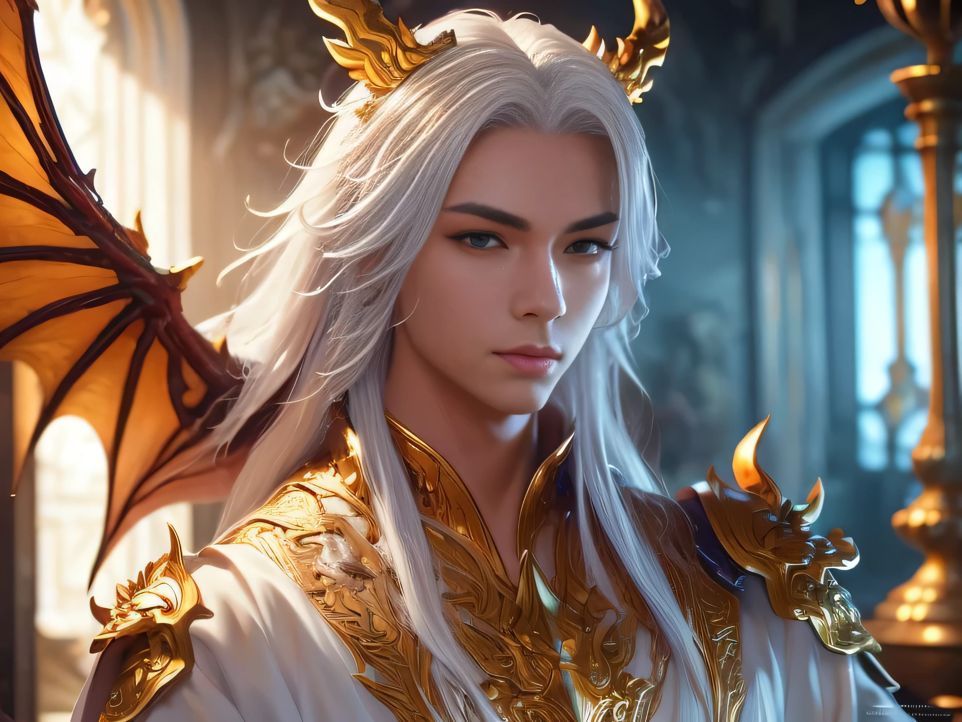 (Best Quality, 8K, Masterpiece, HDR, Soft Lighting, Picture Perfect, Realistic, Vivid), Male Humanoid Dragon (1.0), 1 Guy, Perfect Face, Super Detailed Photo of a Gorgeous Humanoid Dragon Man with Long White Hair, Side by Side lies a white dragon, Beautiful anime fantasy, background blur, anime fantasy, work in the style of Gouves, realism: 1.37, long white hair, plump lips, (((Curvy guy))), (Ultra high quality fantasy art), Masterpiece, male model, male character ultra high quality designs, detailed 8k anime art, realistic anime art, highest quality wallpapers, intricate ultra high quality accurate male characters faces, high quality designs and accurate physics (fantasy - ultra high quality art), dark fantasy style), masterpieces, super high quality quality characters, anime resolution - 8K, realistic anime art, wallpapers with the highest quality illustrations, ultra-high detail faces, high-quality design and accurate physics), color, depth of field, shadows, ray tracing, high-quality execution. -high quality and 8K resolution, (Accurate simulation of the interaction of light and materials)], [High-quality hair detail [Read more about beautiful and shiny white hair]], (Beautifully detailed hands [perfect fingers [Perfect nails]]], (perfect anatomy ( perfect proportions)))) [[Full-length]], [Perfect combination of colors (Accurate imitation of the interaction of light and material)], [art that conveys the meaning of the story](modified)