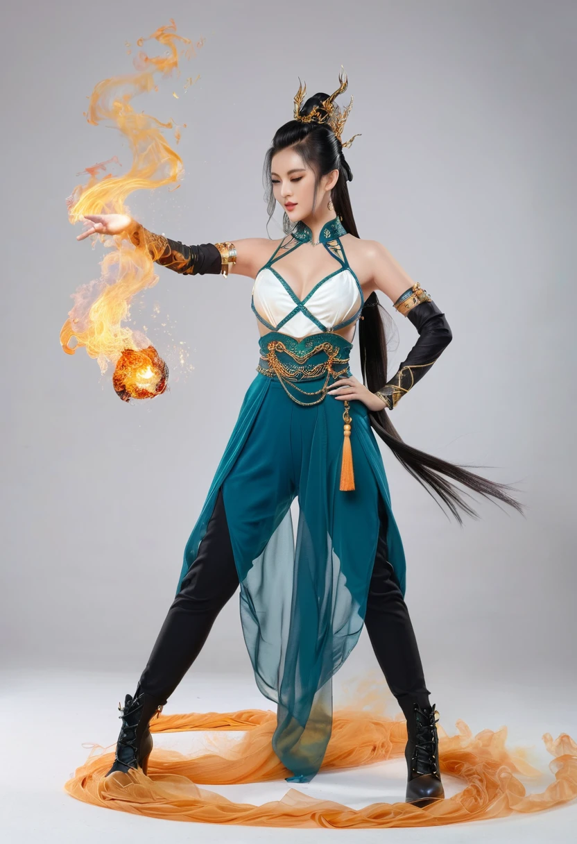 Full body shot of a beautiful Asian woman as she holds a master+ne elect rugai in her right hand, wearing an outfit inspired by water and fire elements, with teal blue leggings, a white top with gold details on the , and black high heel boots. She has long hair tied back into two braids, one arm mounted to the hilt and the other pointing at her chest that shows full energy from a magic effect, with smoke around all equipment. Full body pose against a white background, in the style of magic and fantasy.xianxia