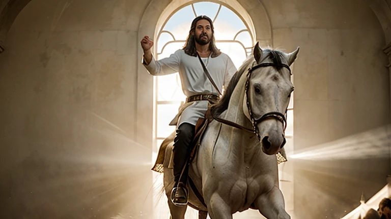 Jesus Christ returns in heavenly glory, riding a white horse, to rescue the righteous and establish his eternal kingdom of peace and justice.