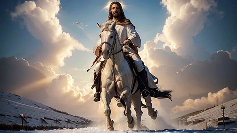 Jesus Christ returns in heavenly glory, riding a white horse, to rescue the righteous and establish his eternal kingdom of peace and justice.