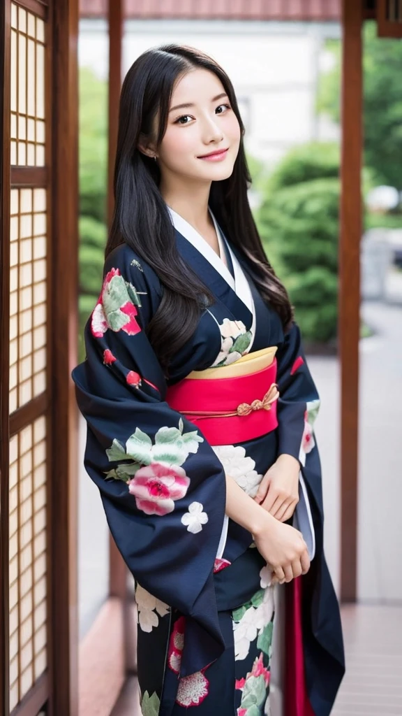 A beautiful young woman with long black hair, wearing a traditional kimono.