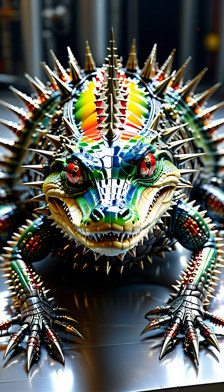 There is no one, Reality Photos, Reality Photos, Realistic photo of a crocodile-like creature, spikes, multicolored sparkling, strange and, Surreal and, the other world, A robotic factory with a shiny assembly plant, intricate details, very sharp, Sophisticated details, Flawless composition, vivid colors, masterpiece, futuristic, metal decoration, The shiny red interior is empty., polished, ray tracing