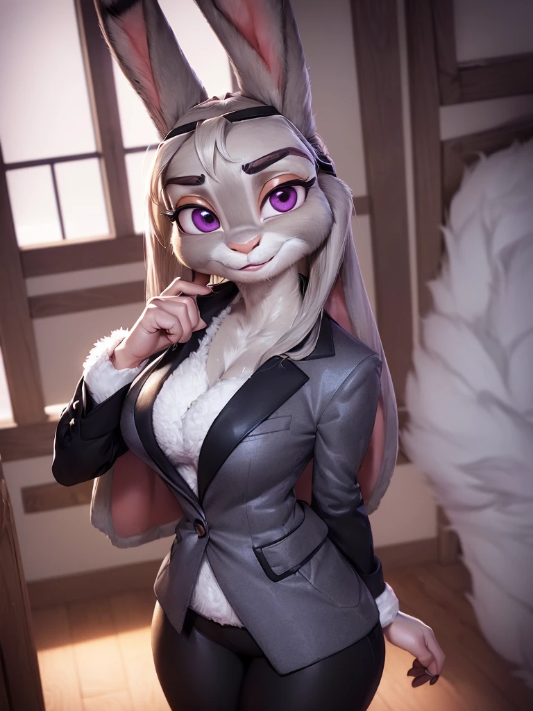 best quality,
masterpiece,
super detail,
3D,
Portrait,
fun atmosphere,
(((solo))),
(((1 female))),
furry,
anthropomorphic female
fine coat,
bloom office,
(Face is JudyHopps:1.4),
(straight hair:1.3),
(see-through bangs:1.3),
wispy bangs,
bright purple eyes,
(arched eyebrows:1.3),
(uplift eyebrows:1.1),
(rabbit ears:1.1),
Body is NamiFinal,
Body covered with rabbit fur,
(body is gray with fluffy and fluffy:1.3),
(skin is wool fabric with fluffy and fluffy:1.3),
office lady is wearing suit,
((White blouse)),
((Black blazer jacket)),
((Black pants)),
clothes made of cotton,