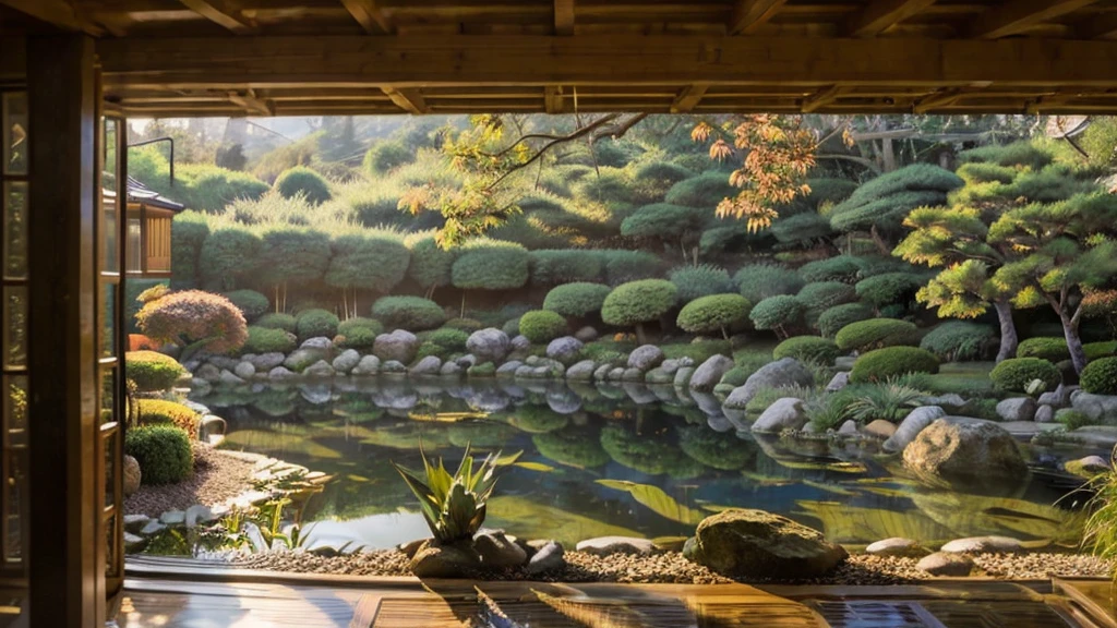 a view of a pond through a window of a japanese garden, a digital rendering inspired by Itō Jakuchū, shutterstock contest winner, sōsaku made, lush japanese landscape, japan nature, autumn tranquility, in japanese garden, japanese garden, japanese landscape, quiet and serene atmosphere, peaceful and serene, autumn foliage in the foreground