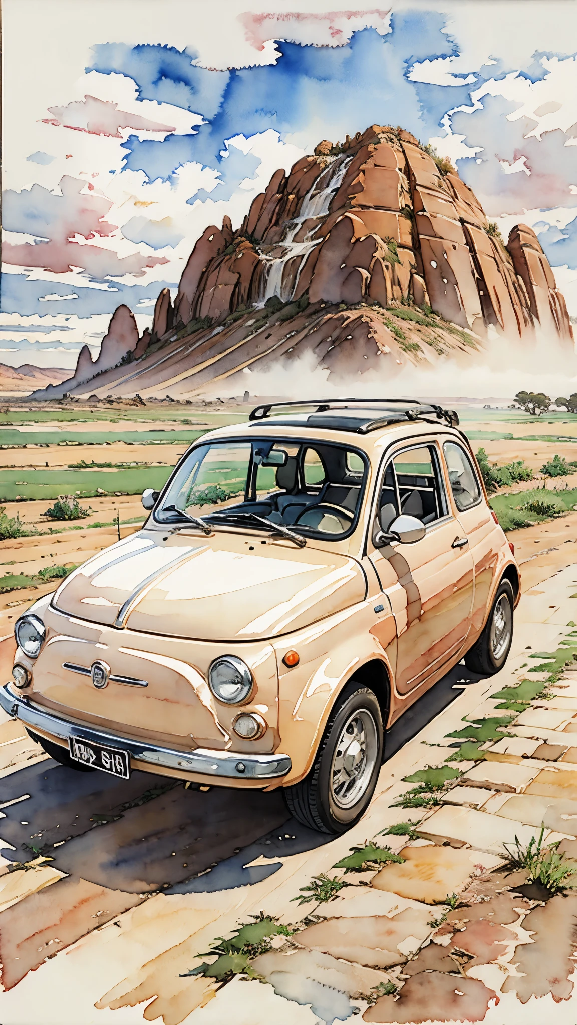 (masterpiece:1.2, Highest quality),(Very detailed),(((watercolor))),8K,wallpaper,Cream-colored Fiat 500,Australia,Ayers Rock,(((Ghibli style))),透明watercolor