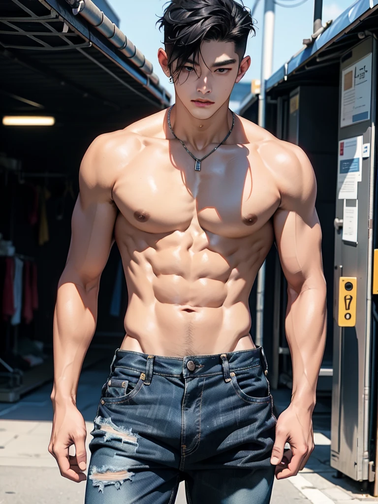 25 year old handsome korean, solo, (no shirt),no top wear ((show abs 6 pack)), black sagged jean,