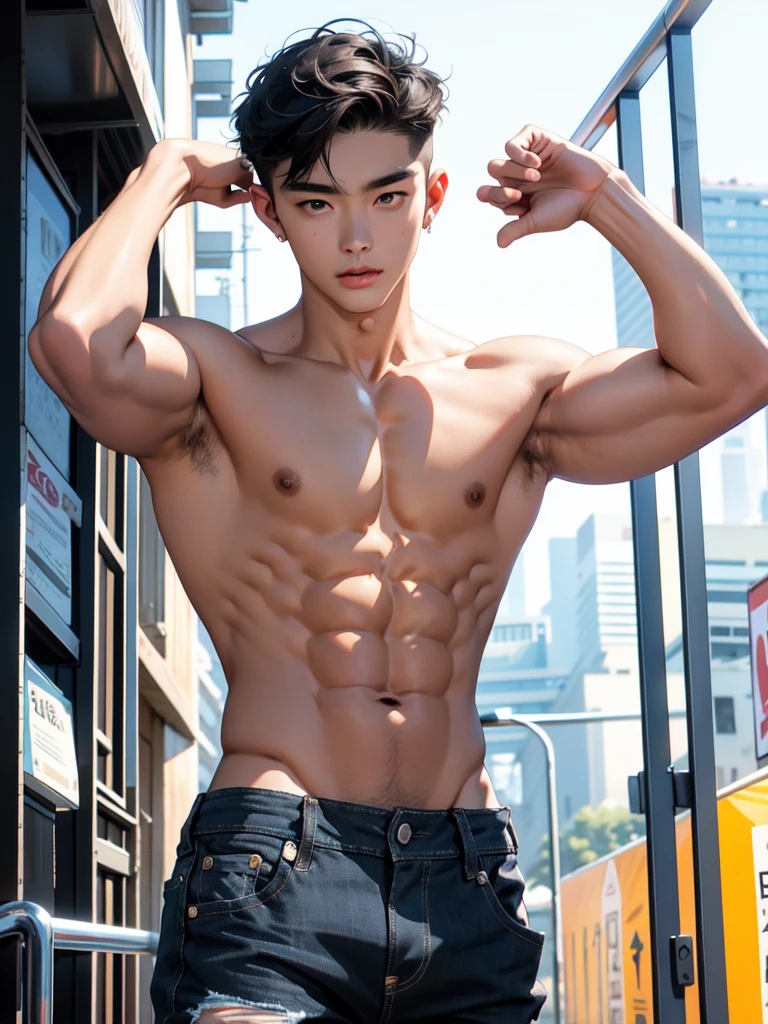 25 year old handsome korean, solo, (no shirt),no top wear ((show abs 6 pack)), black sagged jean,