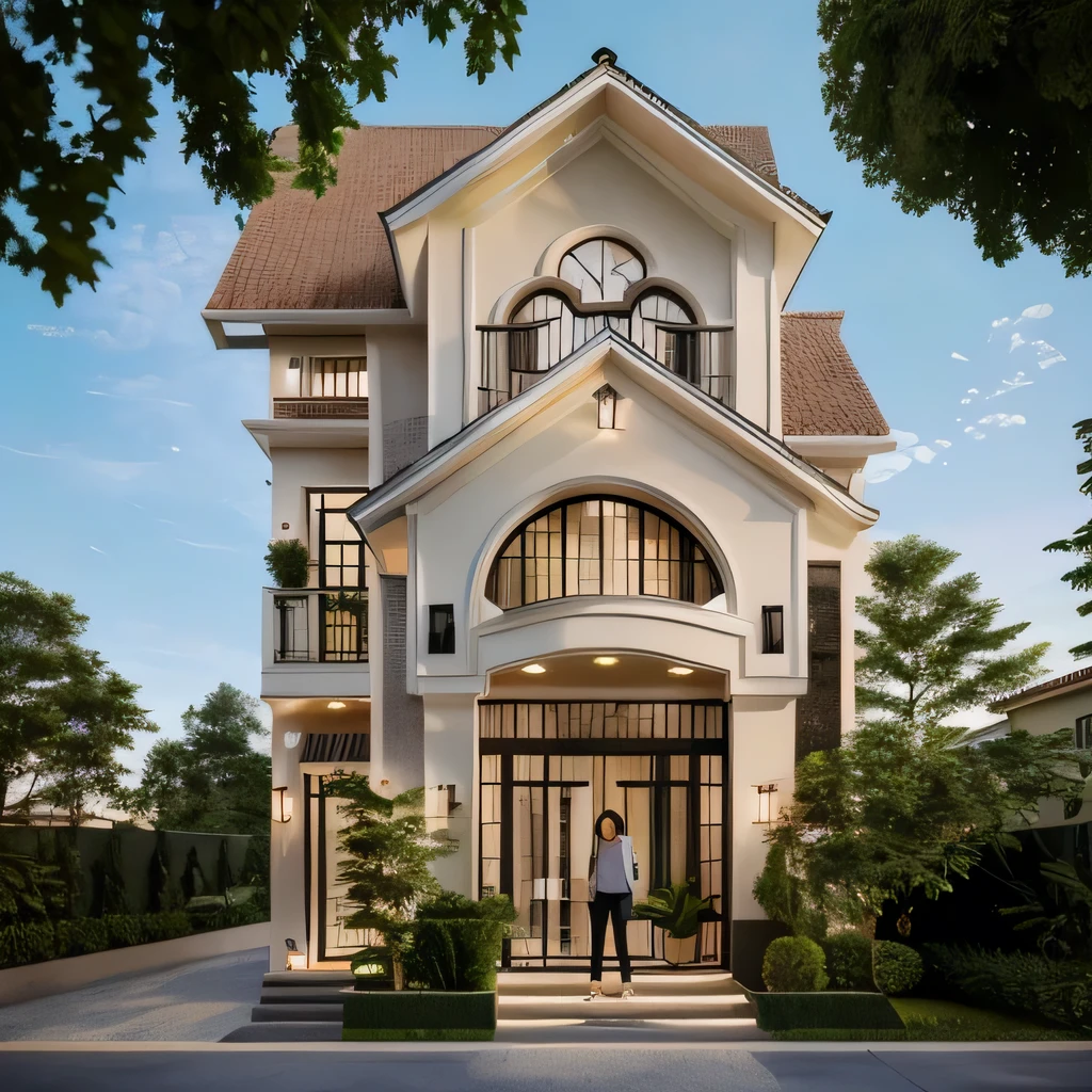 (Townhouse in city ,close houses and trees), (indochine style architecture) daylight ( best quality) ((high solution)) ,(( photo realistic)) ,warm light,  soft lighting, warm atmosphere,high Resolution, hyper detailed,4k ,vray render, octane render, hyper realistic, photography expert ,exterior design , professional photography, exterior photography,wide-angle shot , ultra detail , high Resolution , full frame, full body