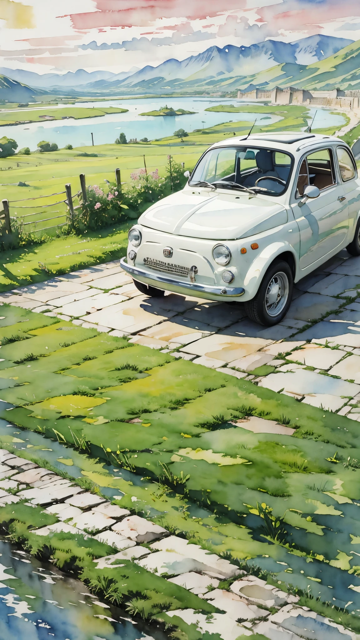 (masterpiece:1.2, Highest quality),(Very detailed),(((watercolor))),8K,wallpaper,Cream-colored Fiat 500,Run along the Great Wall,(((Ghibli style))),透明watercolor