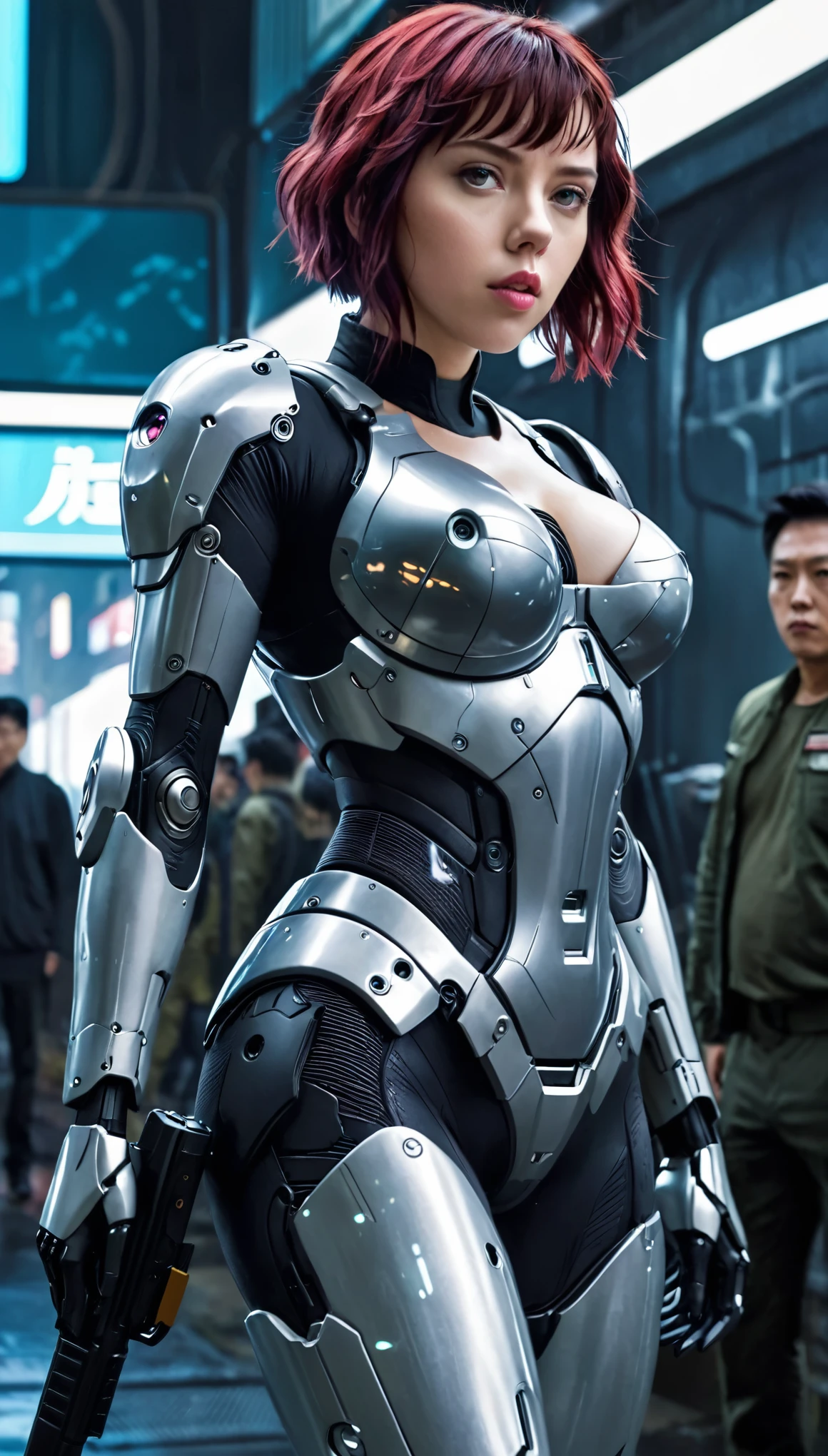 A scene from a movie,(Scarlett Johansson in Ghost in the Shell。)Futuristic atmosphere with gun in hand。Mecha Cyber Armor Girl、Mechanized soldier girl、CGSsocietyとFenghua Zhong、Perfect android girl、A beautiful woman in perfect armor and armor