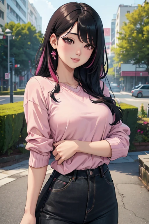 a beautiful 21 year old korean girl, long slightly waved black hair with pink highlights, rosy eyes, playful smile, small breasts, anime realism style, portrait, (best quality,4k,8k,highres,masterpiece:1.2),ultra-detailed,(realistic,photorealistic,photo-realistic:1.37),HDR,vivid colors,professional,bokeh