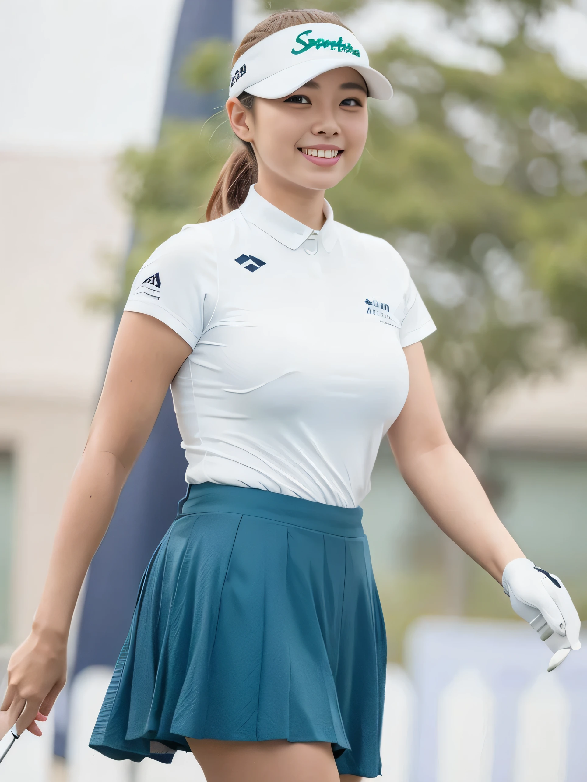 golfer、smile, bigger breasts, transparent underwear, gaze looking ahead