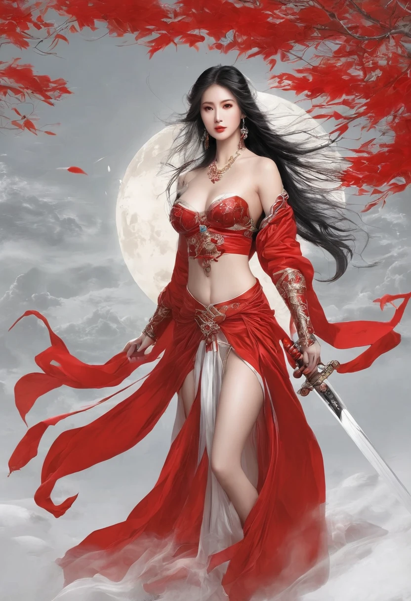 Girl with sword,Simple lines,(Naked 1:5),transparent,Big breasts,Cleavage,Minimalism,Holding a red long sword,