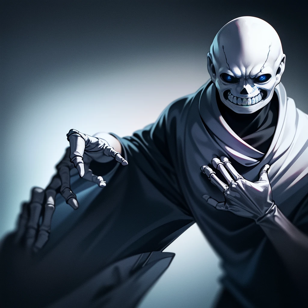 A white skeleton, killer sans, no eyes, black goop from eyes, angry expression, smiling, hands holding knife, wearing a blue jacket, black shirt, white shorts, red target in front of chest, black outline, (best quality,4k,8k,highres,masterpiece:1.2),ultra-detailed,(realistic,photorealistic,photo-realistic:1.37),dark,horror,dramatic lighting,supernatural,cinematic,dark fantasy