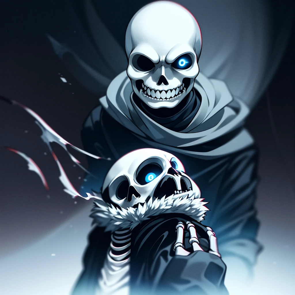 A white skeleton, killer sans, no eyes, black goop from eyes, angry expression, smiling, hands holding knife, wearing a blue jacket, black shirt, white shorts, red target in front of chest, black outline, (best quality,4k,8k,highres,masterpiece:1.2),ultra-detailed,(realistic,photorealistic,photo-realistic:1.37),dark,horror,dramatic lighting,supernatural,cinematic,dark fantasy