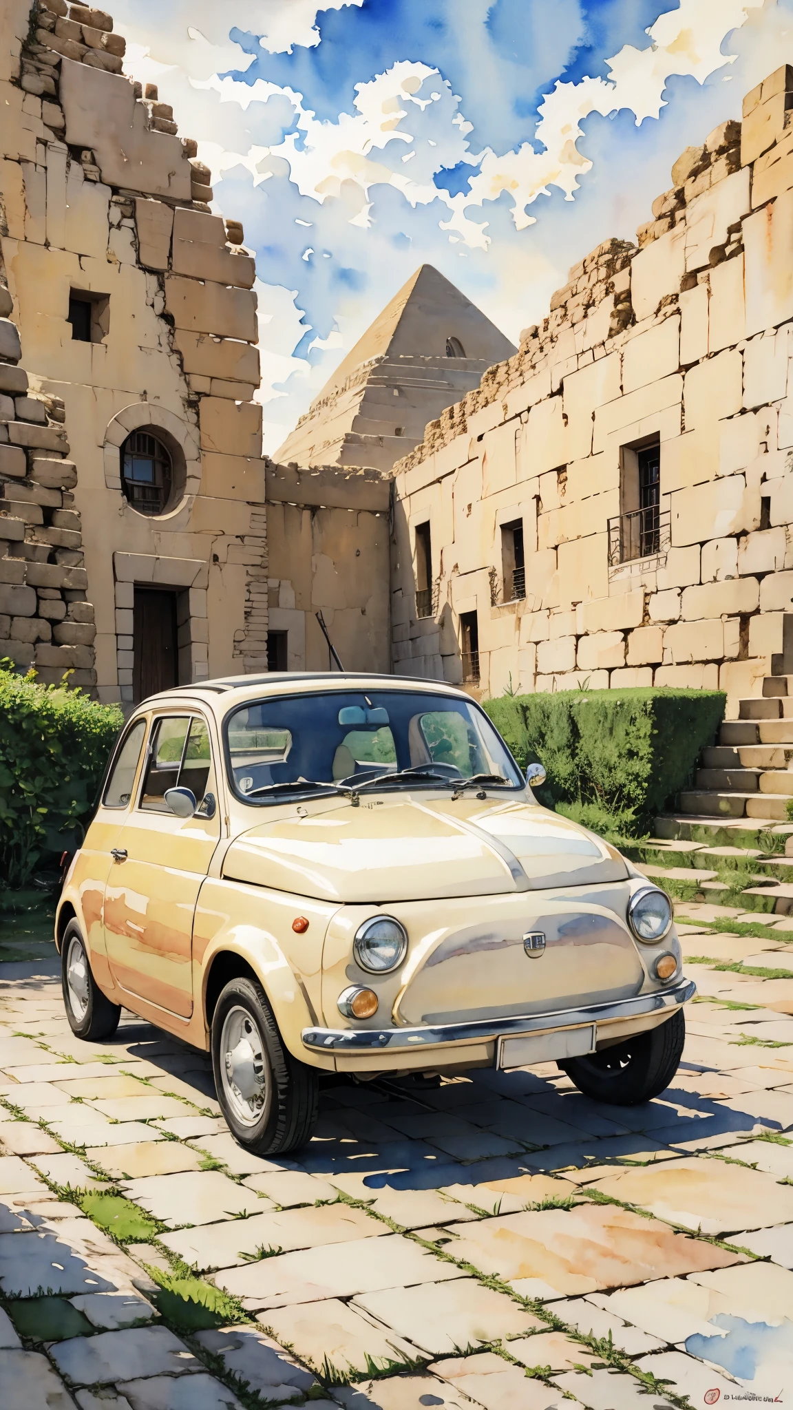 (masterpiece:1.2, Highest quality),(Very detailed),(((watercolor))),8K,wallpaper,Cream-colored Fiat 500,Running in Egypt,pyramid,(((Ghibli style))),透明watercolor