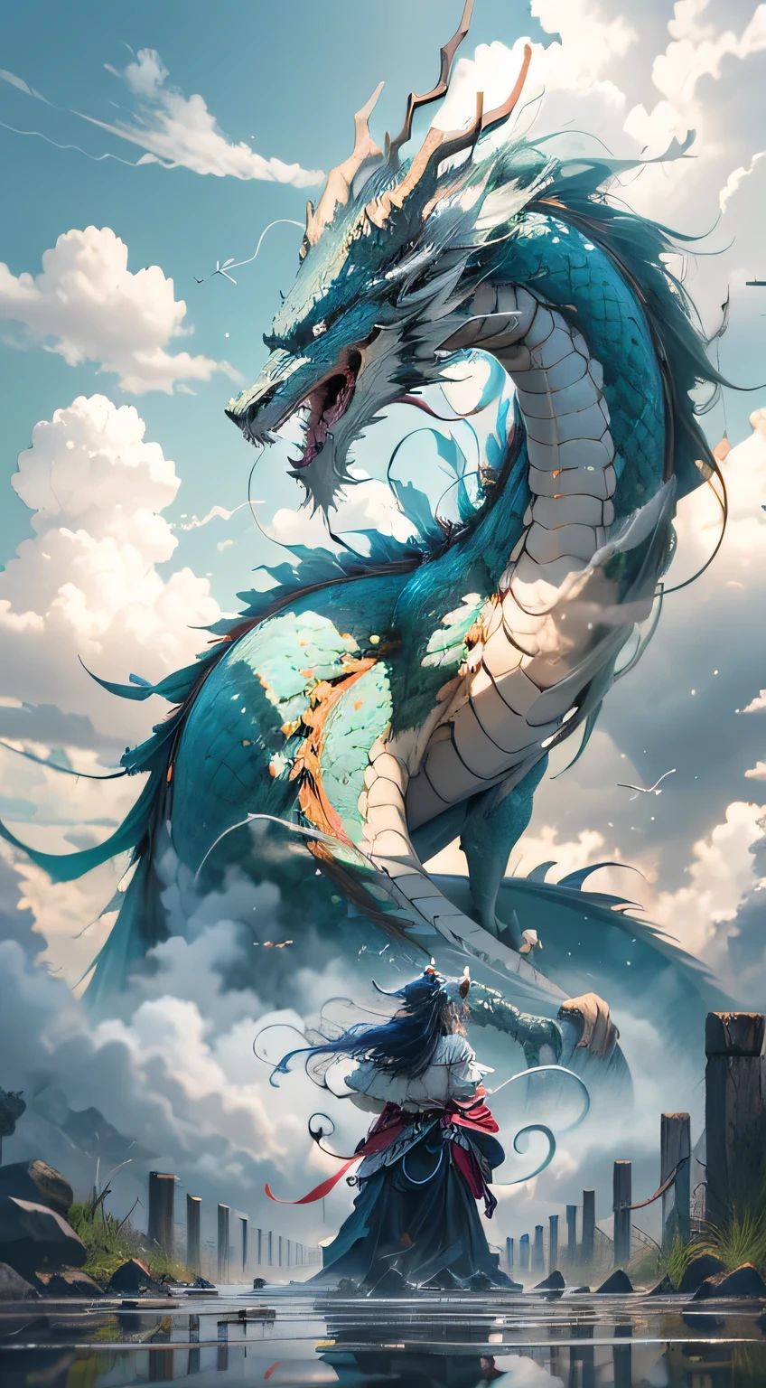 The Chinese white dragon rises into the sky,(Girl controls dragon:1.3),(Girl with her back to the camera:1.3),Clouds in the sky surround agia da luz,fantastic background,background meaning,Ridiculous background,There is overlap in art,colorful hair, Surrealism, light, Ray tracing, divine light, speed line, perspective, ultra high definition, main part, best quality, Ultra-detailed, high resolution, high quality,(Vision:1.3)