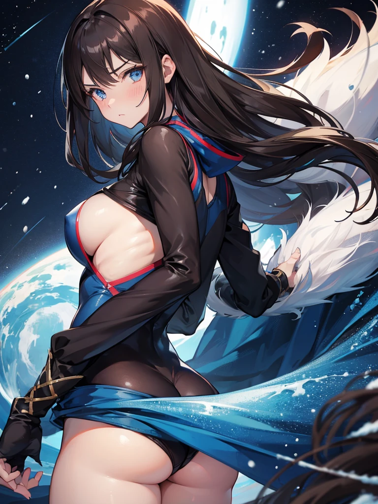 Woman, big glutes, nuisette, dark brown hair, blue eye, arms extended forward, embarrassed expression, glued clothes, winter