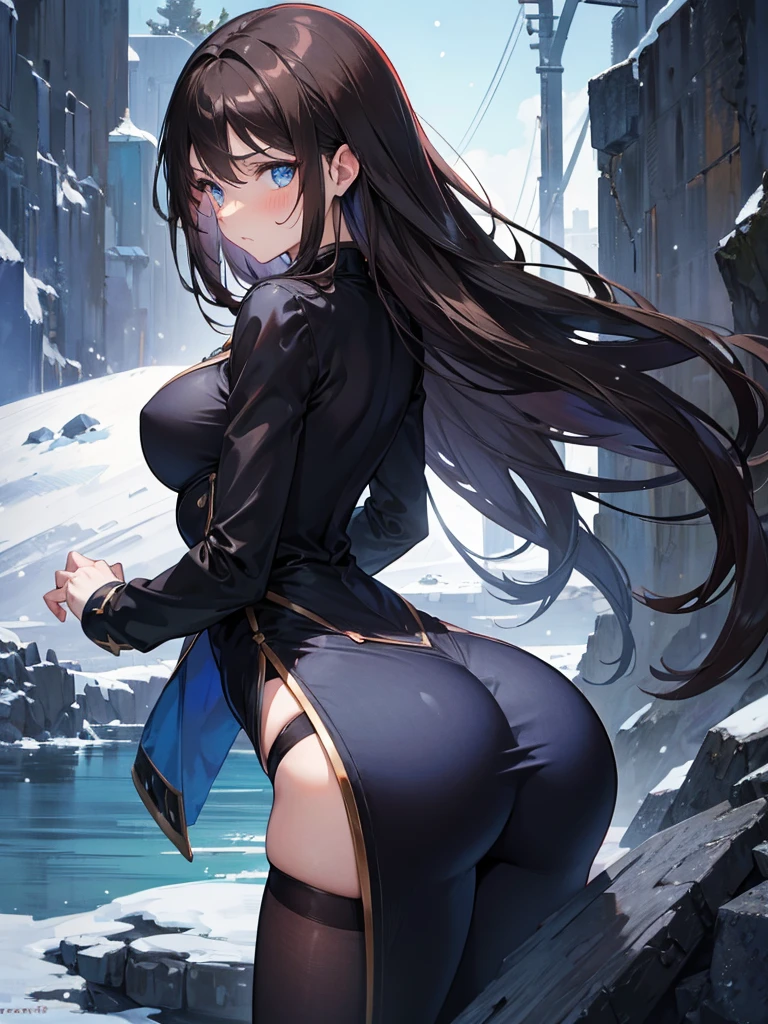 Woman, big glutes, nuisette, dark brown hair, blue eye, arms extended forward, embarrassed expression, glued clothes, winter