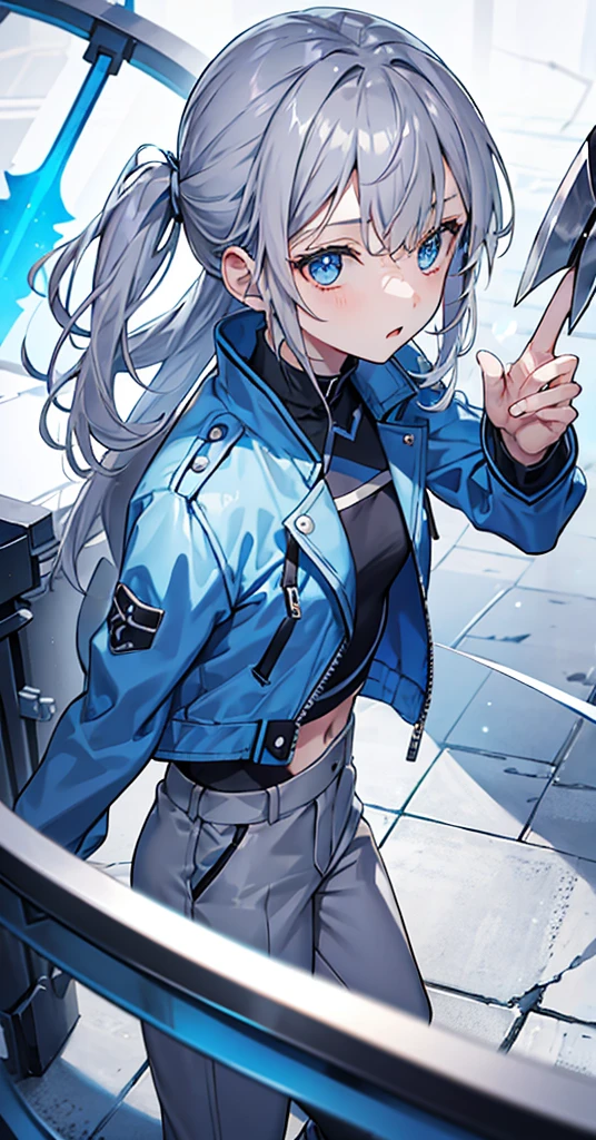 Girl，Gray Hair，Blue Eyes。Blue jacket and white long sleeves，Grey trousers，Technology，flat chest，Holding a sickle。