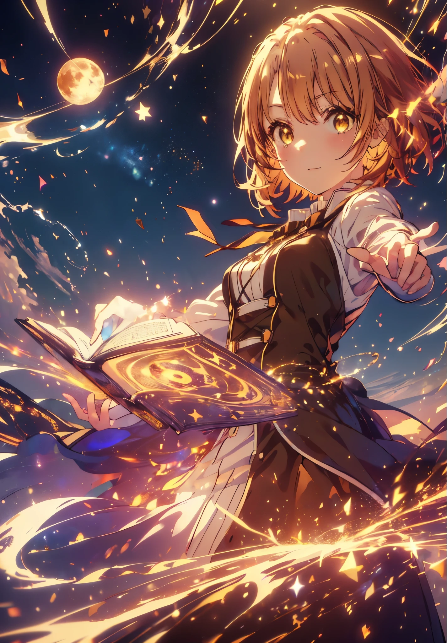 Irohaisshiki, isshiki iroha, Short Hair, Brown Hair, (Brown eyes:1.5), smile,((Night Sky)),((Big full moon)),((Sparkling and colorful stars)),Fluffy hair,((Idol style costume with soft volume)),Long skirt,Pointed shoes,Holding a magic book in his right hand,Uses magic with left hand,((witch)),Rubik&#39;s Square,So that the whole body goes into the illustration,
break outdoors, forest,forest
break looking at viewer,Upper Body,
break (masterpiece:1.2), Highest quality, High resolution, unity 8k wallpaper, (shape:0.8), (Narrow and beautiful eyes:1.6), Highly detailed face, Perfect lighting, Highly detailed CG, (Perfect hands, Perfect Anatomy),