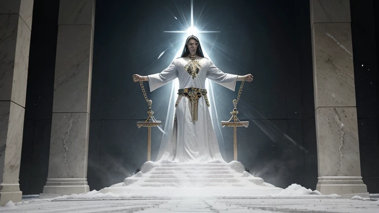 Resurrected souls stand before God's white throne to be judged based on their actions in earthly life as divine justice is finally served.