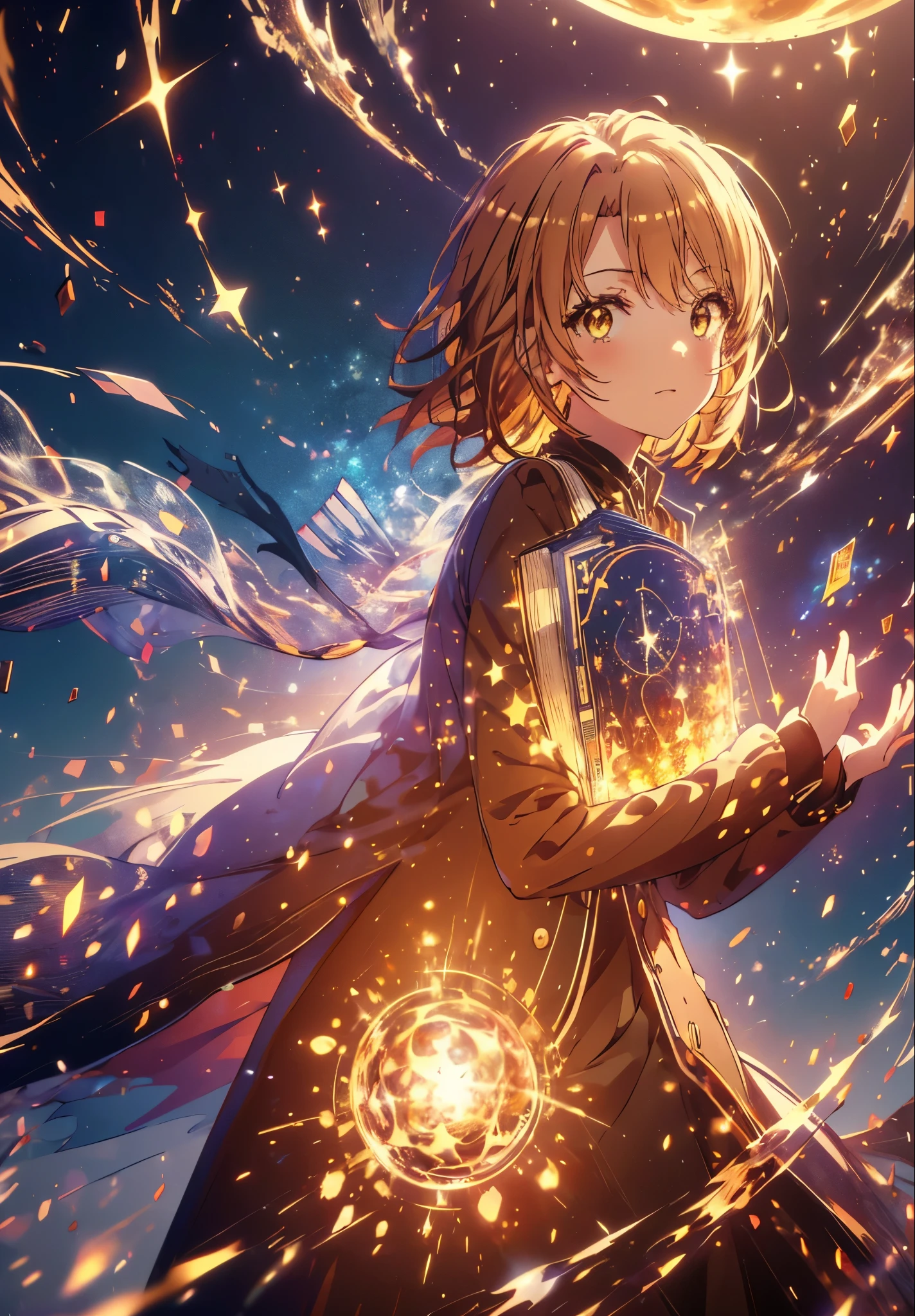 Irohaisshiki, isshiki iroha, Short Hair, Brown Hair, (Brown eyes:1.5), smile,((Night Sky)),((Big full moon)),((Sparkling and colorful stars)),Fluffy hair,((Idol style costume with soft volume)),Long skirt,Pointed shoes,Holding a magic book in his right hand,Uses magic with left hand,((witch)),Rubik&#39;s Square,So that the whole body goes into the illustration,
break outdoors, forest,forest
break looking at viewer,Upper Body,
break (masterpiece:1.2), Highest quality, High resolution, unity 8k wallpaper, (shape:0.8), (Narrow and beautiful eyes:1.6), Highly detailed face, Perfect lighting, Highly detailed CG, (Perfect hands, Perfect Anatomy),