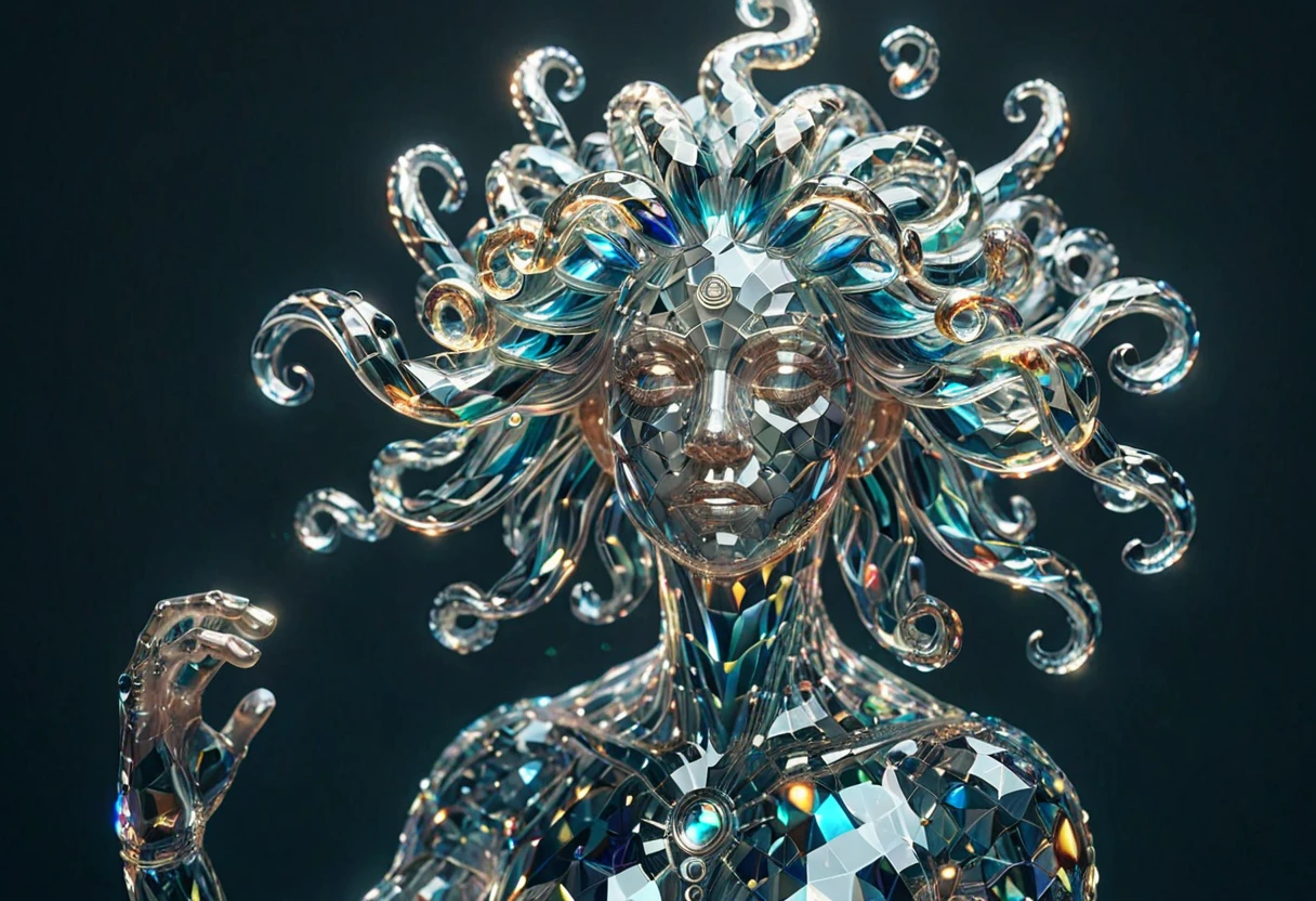 bioluminescent, fabulous, magical radiance, Concept art, depth of field, realistic, cinematic lighting, soft shadows, asymmetrical fractal, colorful, vivid colors, volumetric lighting, wind, particles, stylized by wlop, james jean and andrei riabovitchev, ral-crztlgls of a (Medusa of Music:1.1) ,