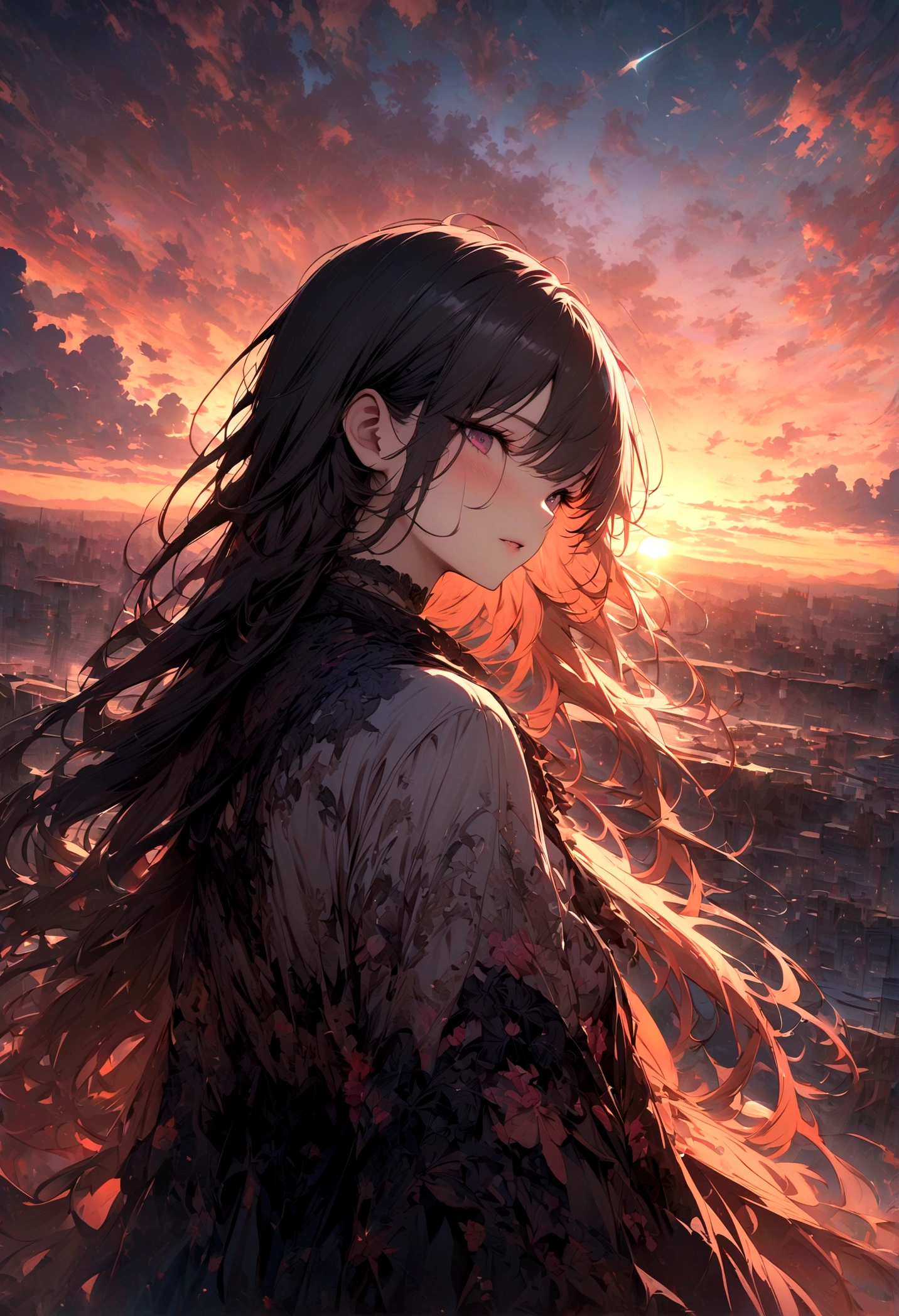 ((Masterpiece, top quality, high resolution)), ((highly detailed CG unified 8K wallpaper)), there is a plane that is flying in the sky at sunset, cloudy sunset, the sun up on the sky is strong, moody sunset in background, sky is orangish outside, sunset with cloudy skies, sky setting, sunset in the background, dusk sunset in background, it is sunset, sunset in background, sky in background, sky in the background, with dramatic sky,