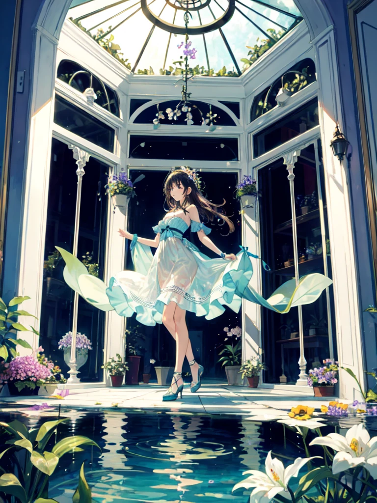The combination of women and flowers,Colorful,dream,conservatory,glass building,water surface,a girl,There are many flowers on the body,dynamic poses,looking into camera,As if he had something to say