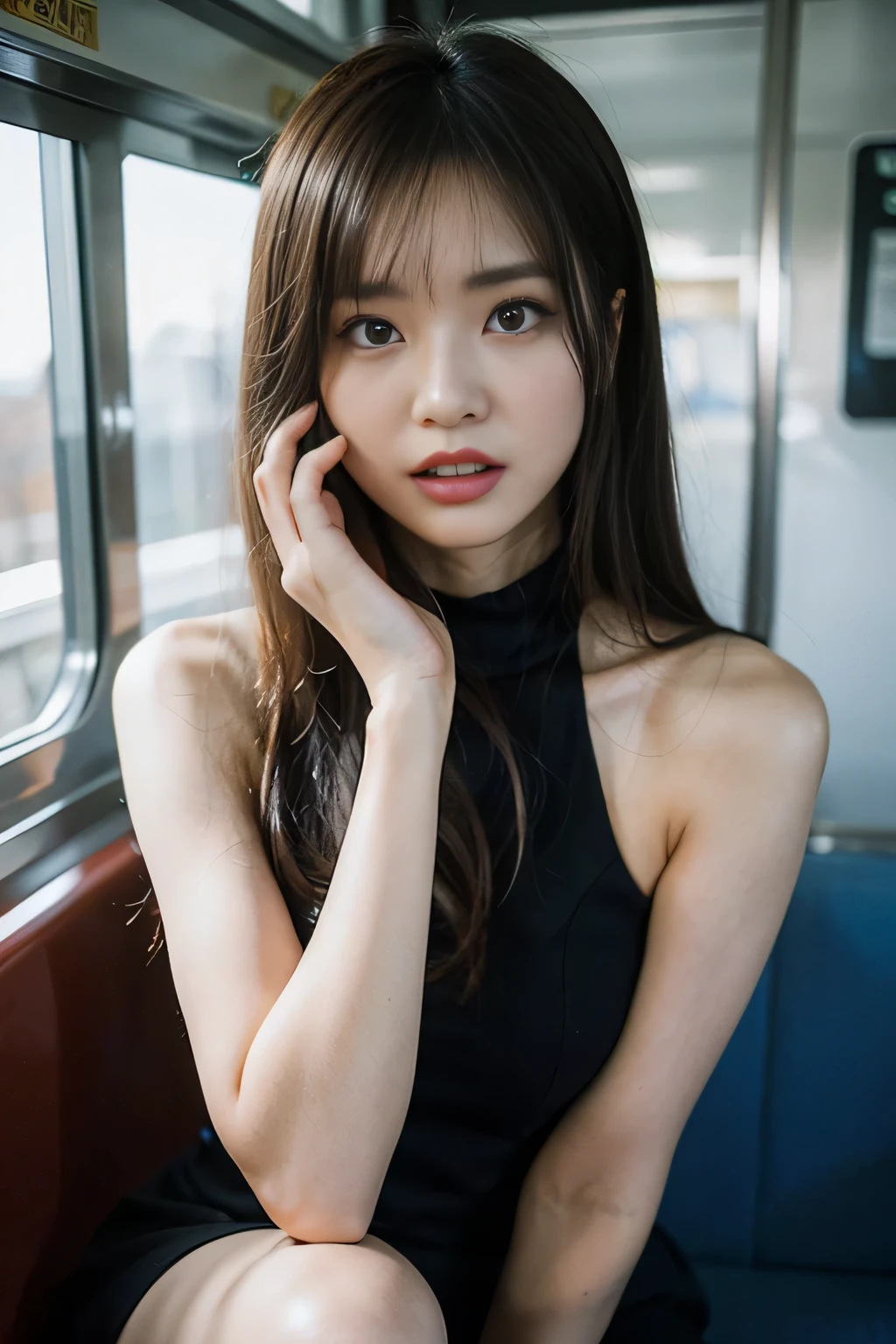 (highest quality、4K、High resolution、masterpiece: 1.2)、Super detailed、Real: 1.37、Young beautiful woman (Fashionable clothing、Painful expression、Perfect Skin)、Strong gaze、Bright lipstick、Detailed eyelashes 、Grit your teeth、Perfectly styled hair、Glowing Skin、Stylish accessories、Expressive eyes、An enviable sight、Striking a nervous pose on the train（Filled with natural light、Modern and sleek design、Elegant backgrounds）、Beige and black color palette、Subtle shimmer effect、 The soft lighting accentuates the feminine features.、Creates a glamorous and sophisticated atmosphere、((Hold back excretion))、((Hold back excretion expression))、((Hold back excretion expression))、((Sweat))、(((limit of patience))))、(((limit of patience))))、(((limit of patience))))、(((limit of patience))))、