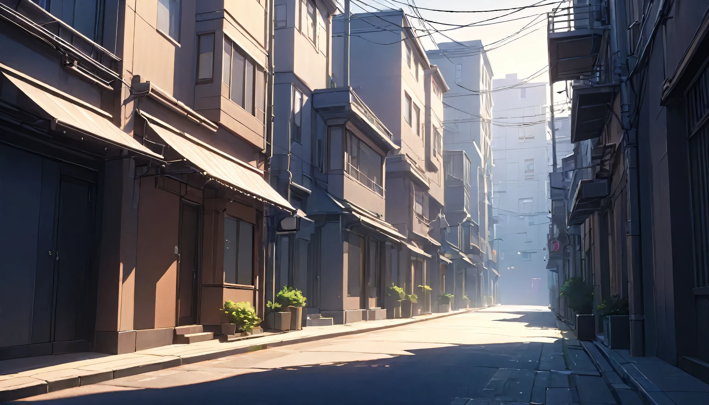 intricate modern city street, early morning, quiet, wide and clean back alley, no lights on, dim, anime style, viewed from distance, 1girl, highly detailed, 8k, photorealistic, dramatic lighting, moody atmosphere, pastel colors, long shadows, intricate architectural details, empty street, peaceful cityscape, 