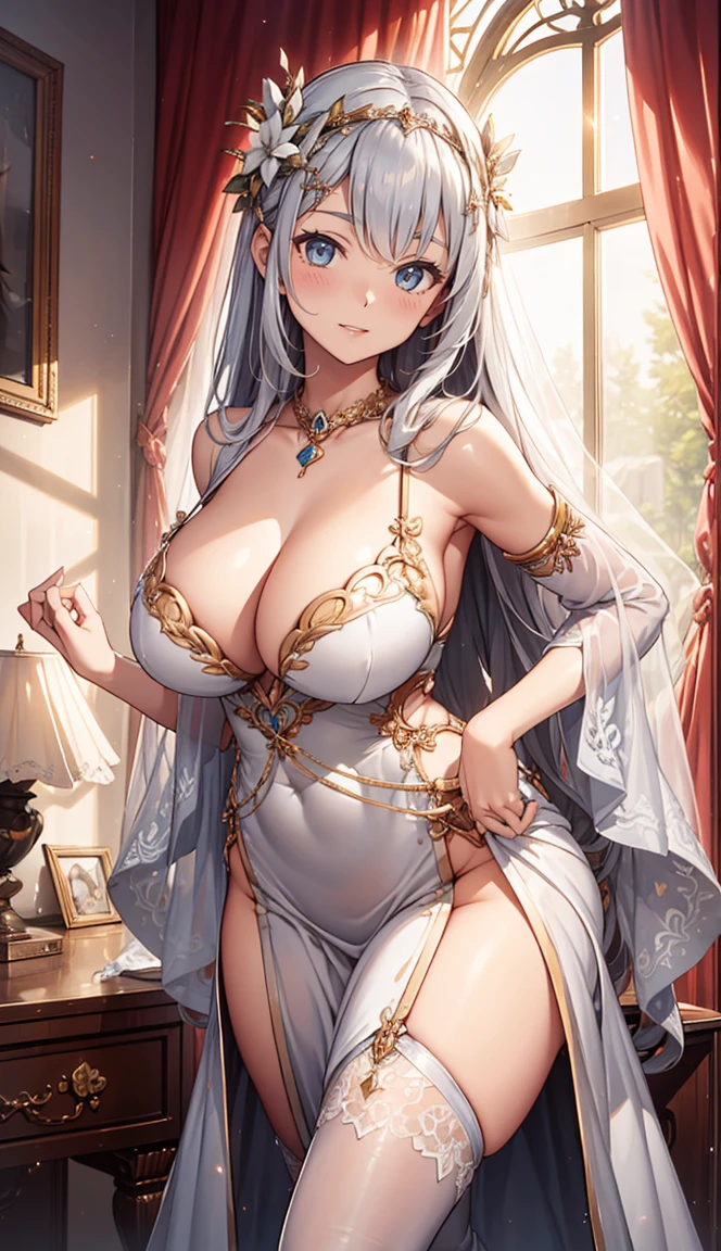 (best quality,4K,8K,High resolution,Masterpiece:1.2),very detailed,beautiful girl,Enchanted,charming,Cheerfulness,sacred,Magical effect,silver white hair,light pink wedding dress,love eyes,bridal dress,Complicated dress,lace details,bedroom,solitude,during the night,Lace stockings,แถบsacred,See-through transparent clothes,big breasts