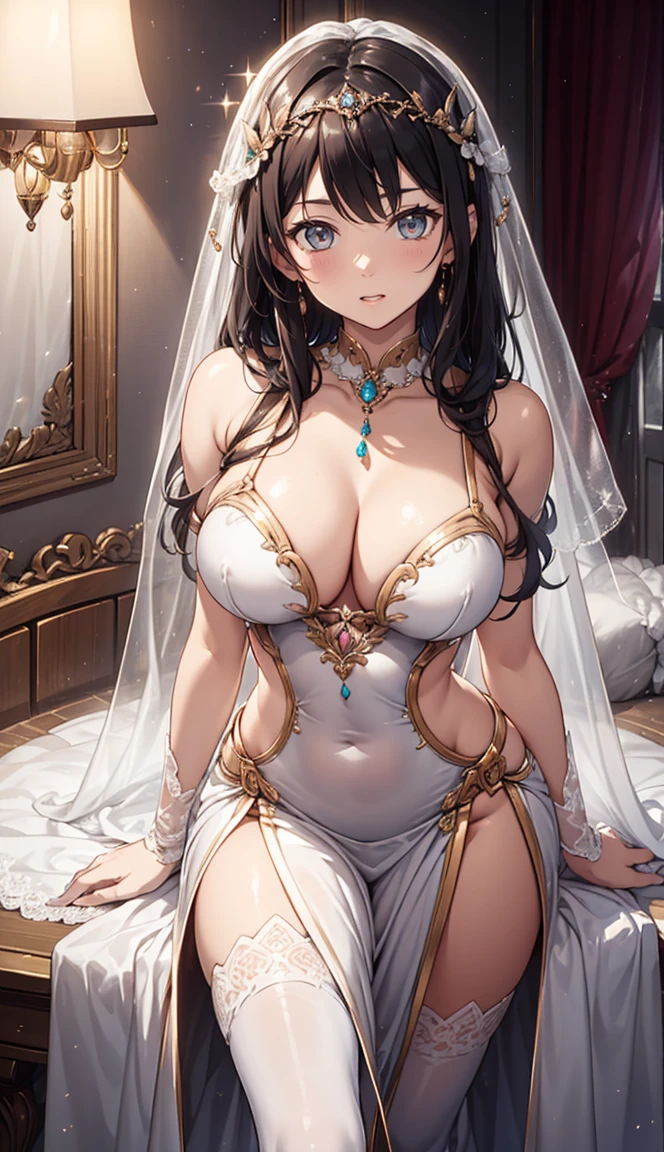 (best quality,4K,8K,High resolution,Masterpiece:1.2),very detailed,beautiful girl,Enchanted,charming,Cheerfulness,sacred,Magical effect,silver white hair,light pink wedding dress,love eyes，bridal dress,Complicated dress,lace details,bedroom,solitude,during the night,Lace stockings,แถบsacred,See-through transparent clothes,big breasts