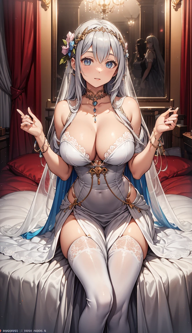 (best quality,4K,8K,High resolution,Masterpiece:1.2),very detailed,beautiful girl,Enchanted,charming,Cheerfulness,sacred,Magical effect,silver white hair,light pink wedding dress,love eyes，bridal dress,Complicated dress,lace details,bedroom,solitude,during the night,Lace stockings,แถบsacred,See-through transparent clothes,big breasts