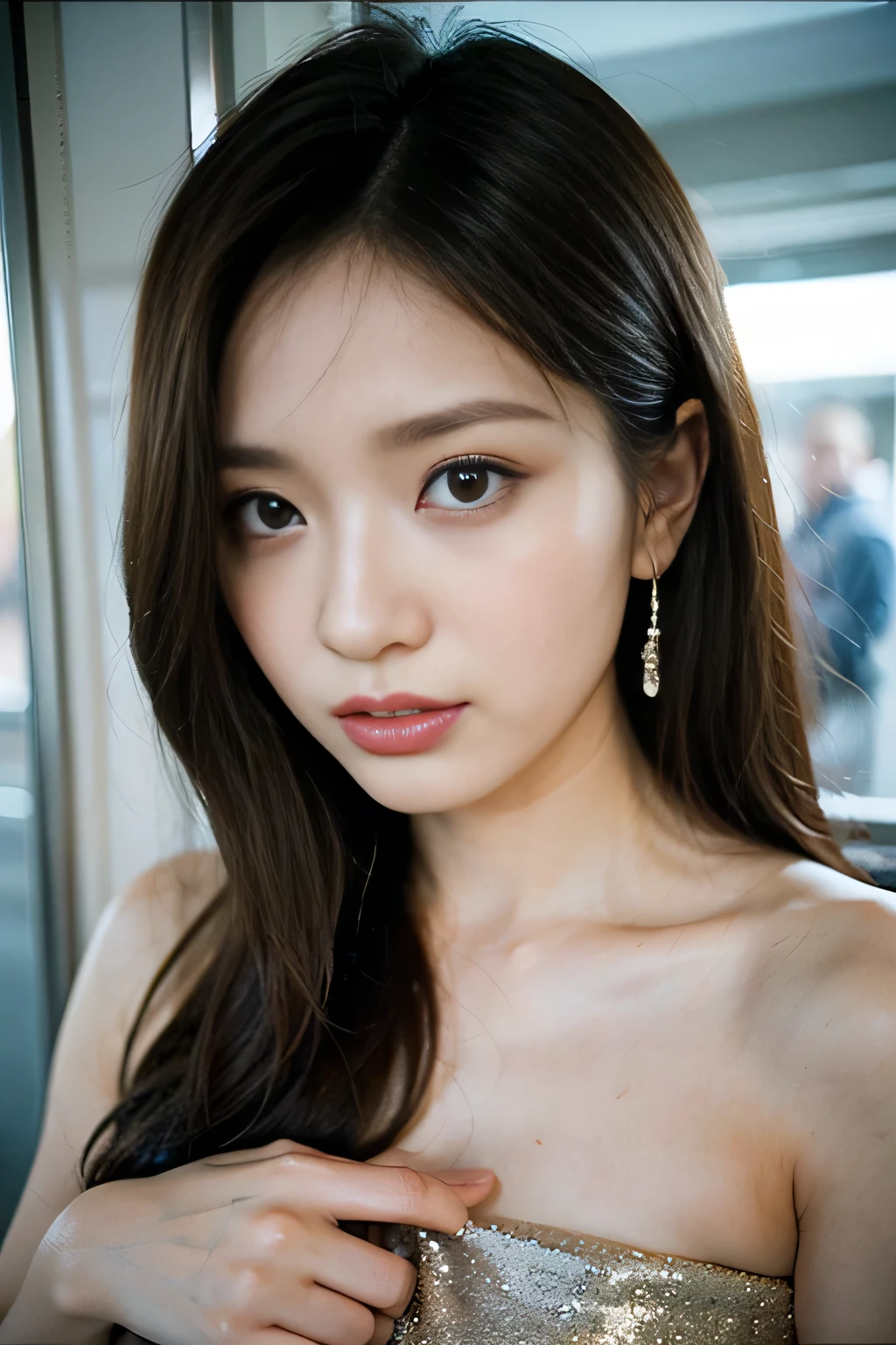 (highest quality、4K、High resolution、masterpiece: 1.2)、Super detailed、Real: 1.37、Young beautiful woman (Fashionable clothing、Painful expression、Perfect Skin)、Strong gaze、Bright lipstick、Detailed eyelashes 、Grit your teeth、Perfectly styled hair、Glowing Skin、Stylish accessories、Expressive eyes、An enviable sight、Striking a nervous pose on the train（Filled with natural light、Modern and sleek design、Elegant backgrounds）、Beige and black color palette、Subtle shimmer effect、 The soft lighting accentuates the feminine features.、Creates a glamorous and sophisticated atmosphere、((Hold back excretion))、((Hold back excretion expression))、((Hold back excretion expression))、((Sweat))、(((limit of patience))))、(((limit of patience))))、(((limit of patience))))、(((limit of patience))))、