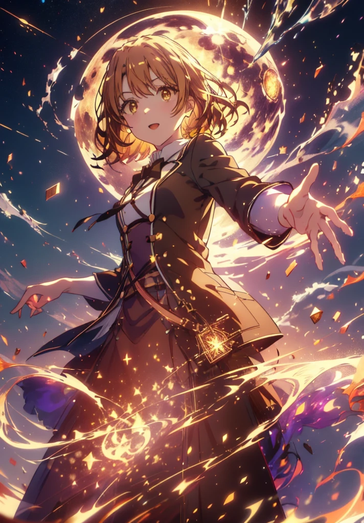 Irohaisshiki, isshiki iroha, Short Hair, Brown Hair, (Brown eyes:1.5), smile,((Night Sky)),((Big full moon)),((Sparkling and colorful stars)),Fluffy hair,((Idol style costume with soft volume)),Long skirt,Pointed shoes,Holding a magic book in his right hand,Uses magic with left hand,((witch)),Rubik's Square,So that the whole body goes into the illustration,
break outdoors, forest,forest
break looking at viewer,Upper Body,
break (masterpiece:1.2), Highest quality, High resolution, unity 8k wallpaper, (shape:0.8), (Narrow and beautiful eyes:1.6), Highly detailed face, Perfect lighting, Highly detailed CG, (Perfect hands, Perfect Anatomy),