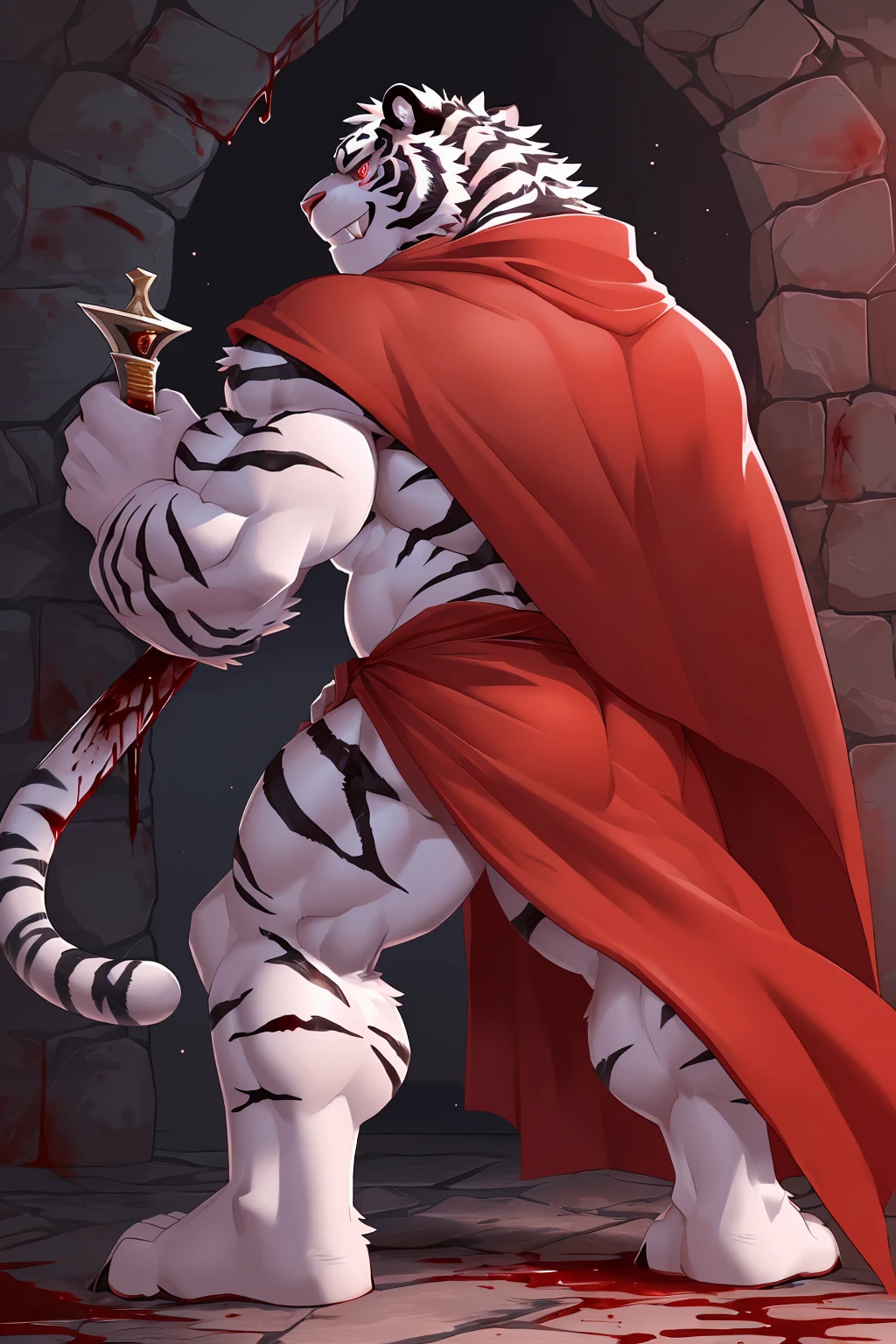 (sfw:1.5), male focus, pharmacist, Handsome 1boy, solitary,Back photo,single, (Black nails, Black claws, White feet, White feet底板:1.4), White hair, White skin, (Black tiger stripe:1.5), (Black tiger stripes on arms, Black tiger stripes on legs, Black stripes on arms, Black stripes on legs:1.4), (White tail:1.3), White Teeth, (White fangs, Exquisite fangs, Perfect fangs:1.5), Delicate teeth, Perfect Teeth, (Perfect red eyes:1.4), (White body:1.3),
White Tiger, White Tiger, dragon boy, dragon body, feet, (evil eyes, big eyes, large eyes:1.5), (Chubby, The body is huge, Larger face:1.3), Human feet, (Four toes:1.4),
(Red cloth wrapped around the crotch, Blood red long cape:1.5), (Topless:1.1),(The cloak is covered in blood:1.5), (Blood red dagger:1.3),
(full body:1.2), Back view, (Middle-aged men, Mature men:1.4), (Strong body, muscle,Strong male, muscle男:1.3), (Bare legs, Strong and strong legs, Strong legs, bare arm, Thick arms:1.3), (Standing, Turn your back, Back, Profile:1.4), (With your back to the audience, Looking at the audience, Focus, Eyes gaze:1.3), confidence, arrogant, pride, , (evil smile, evil grin, Smirk, evil smile, Evil smile:1.5), (手上拿着Blood red dagger:1.4),
full background, Stone brick floors, Stone Wall, indoor, (Potion Rack, Wooden frame:1.2), night, Candle,, Dim environment, (blood, Blood is all around, Blood falling in the air, 四处飞溅的blood:1.5),
Mysterious and romantic atmosphere, Caustic lines(refraction, polarization)Perfect anatomical structure, absurd, Detailed background, (Delicate eyes:1.3),Printing style。((artist:Takemoto Arashi))
