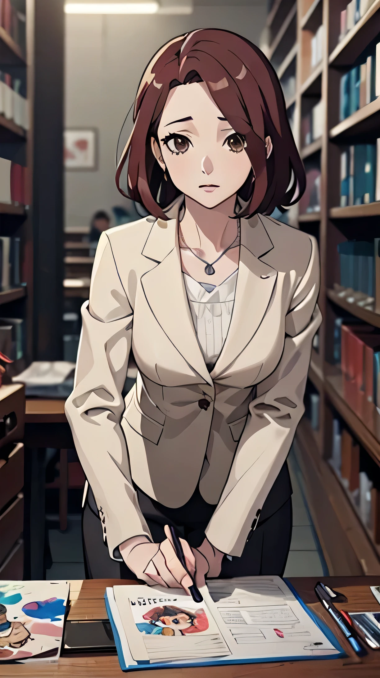 anime - style image of a woman in a suit, anime artstyle, painted in anime painter studio, digital anime illustration, detailed digital anime art, best anime 4k wallpaper, high detailed official artwork, girl in a suit, made with anime painter studio, smooth anime art, female lawyer, looking sideways, brown eyes, in a law library