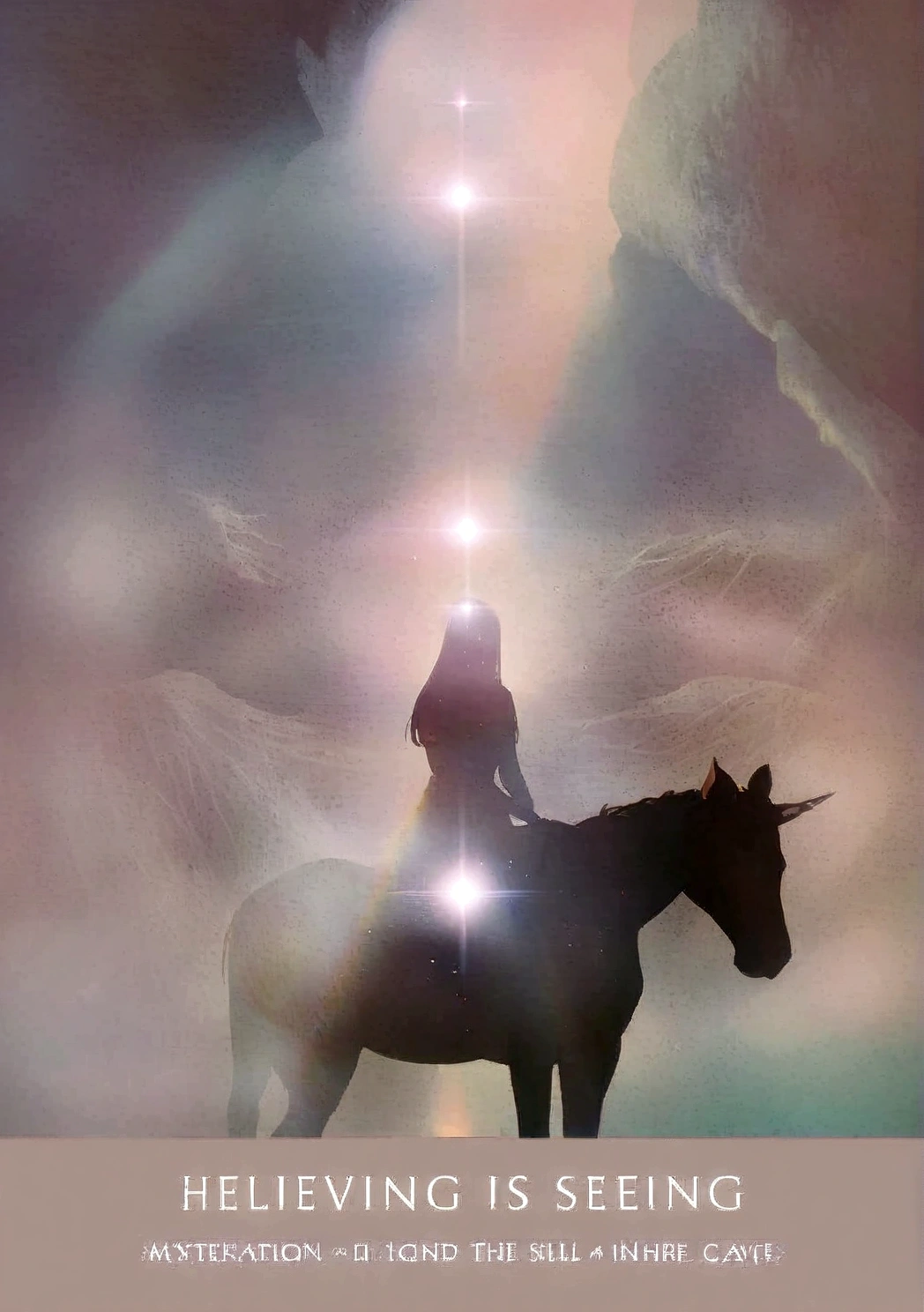 There is a poster of a woman riding a horse in a cave., A magical aura surrounds her, 空飛ぶRide a unicorn女性, Channeling mystical energy, Very mysterious, Mysterious still images, Mysterious setting, Ethereal Plane, She's getting closer to heaven, Magical Beings, Ride a unicorn, Astral, Etherial, Magic Light, Emits a mysterious light, Mysterious Light