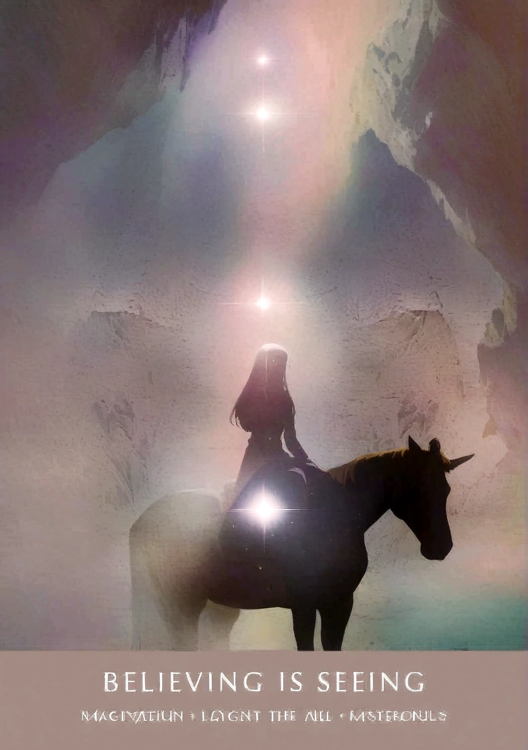 There is a poster of a woman riding a horse in a cave., A magical aura surrounds her, 空飛ぶRide a unicorn女性, Channeling mystical energy, Very mysterious, Mysterious still images, Mysterious setting, Ethereal Plane, She&#39;s getting closer to heaven, Magical Beings, Ride a unicorn, Astral, Etherial, Magic Light, Emits a mysterious light, Mysterious Light