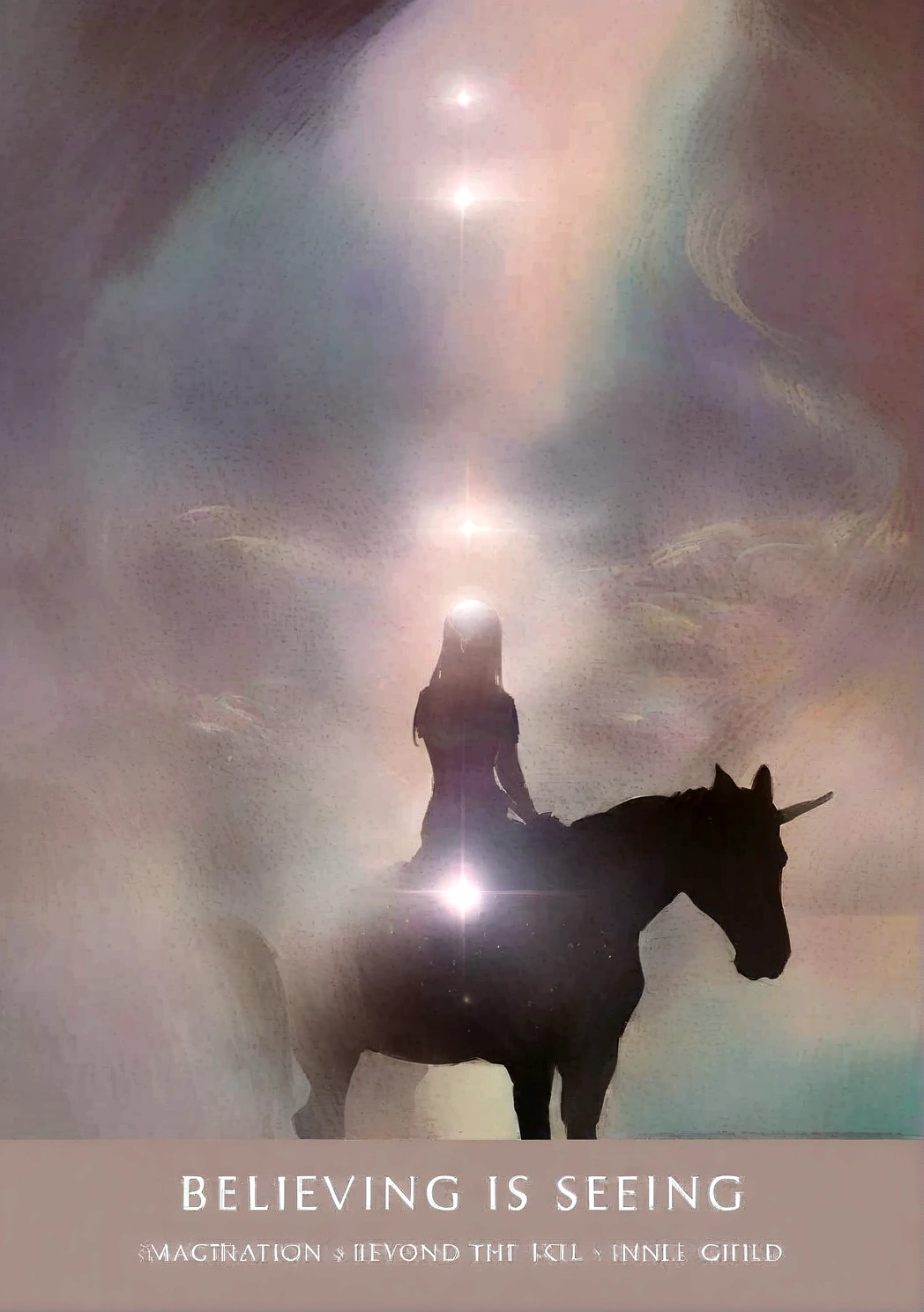 There is a poster of a woman riding a horse in a cave., A magical aura surrounds her, 空飛ぶRide a unicorn女性, Channeling mystical energy, Very mysterious, Mysterious still images, Mysterious setting, Ethereal Plane, She&#39;s getting closer to heaven, Magical Beings, Ride a unicorn, Astral, Etherial, Magic Light, Emits a mysterious light, Mysterious Light