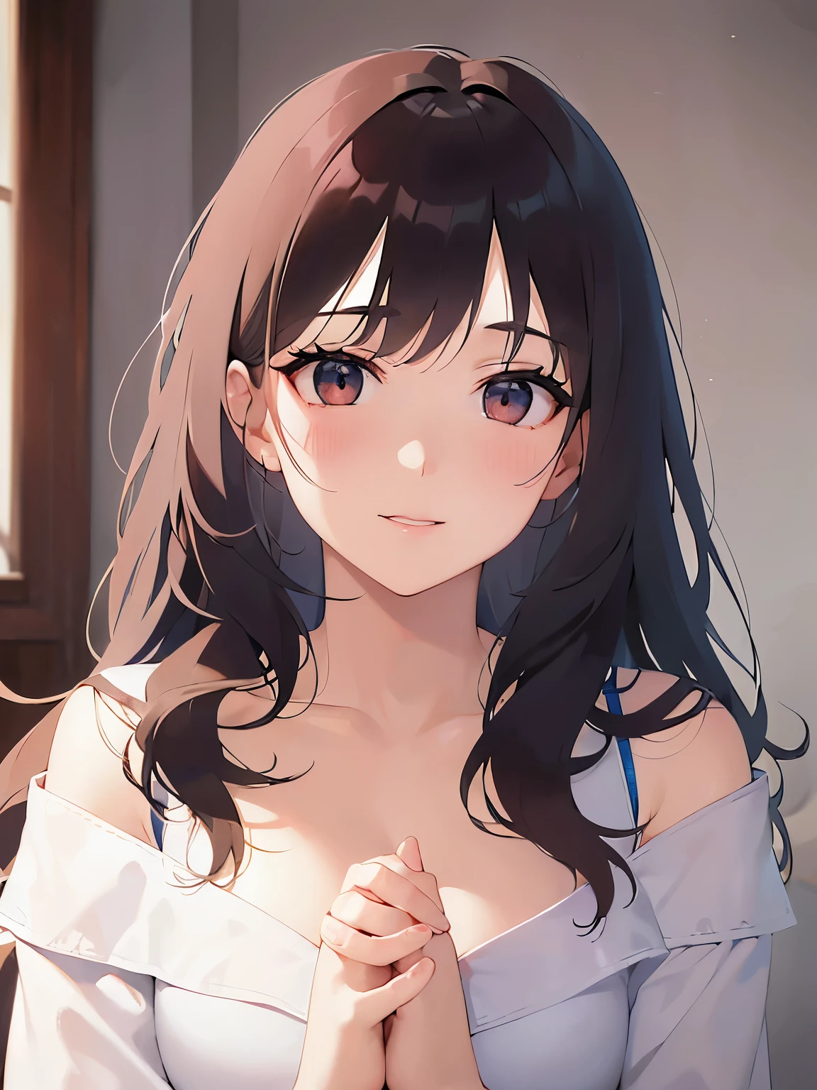 looking up, clasping own hands、Realistic, real person, (pale skin: 1.2), upper body, RAW photo, photorealistic, shiny skin, shiny hair、(A 35-year-old woman with medium-length hair and bangs) and (wavy hair) and (brown hair) and (Orange Eyes) , (white) and (off shoulder blouse)、Cleavage、(blush:1.5), smile, The background is the living room、Alone、Are standing